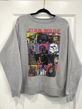 Star Wars Men's L Gray Y2K Geek Chic Character Grid Crewneck Sweatshirt